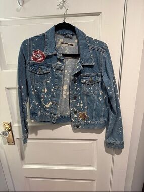 Topshop Blue Bleached Denim Jacket with Red Lip and Gold Star patch